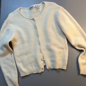 Garfinkle’s Elegant Cardigan Yellow Sweater, lambswood and angora, size M